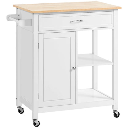 Chariot de cuisine à roulettes avec plateau en bois, placard et étagères