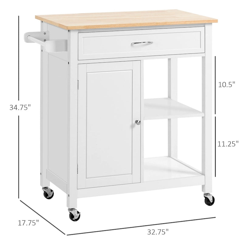 Chariot de cuisine à roulettes avec plateau en bois, placard et étagères