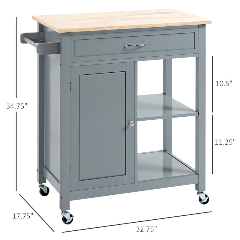Chariot de cuisine à roulettes avec plateau en bois, placard et étagères