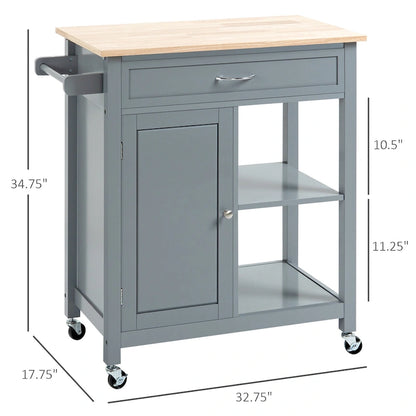 Chariot de cuisine à roulettes avec plateau en bois, placard et étagères