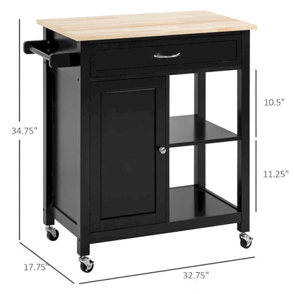 Chariot de cuisine à roulettes avec plateau en bois, placard et étagères