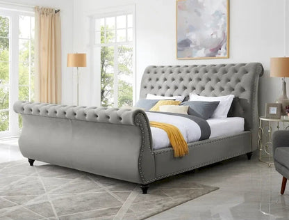 Roundhill Furniture Evora Grey Velvet Button-tufted Sleigh Bed