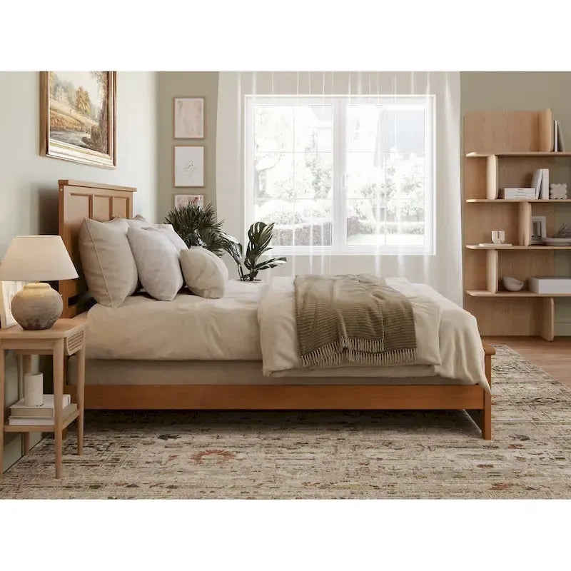 Lit plateforme en bois massif avec pied de lit, chargeur USB et lattes – 5 couleurs, 5 tailles