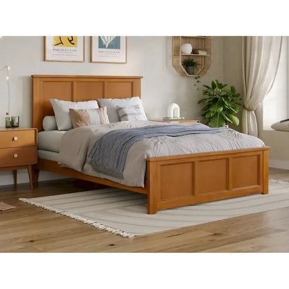 Lit plateforme en bois massif avec pied de lit, chargeur USB et lattes – 5 couleurs, 5 tailles