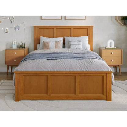 Lit plateforme en bois massif avec pied de lit, chargeur USB et lattes – 5 couleurs, 5 tailles