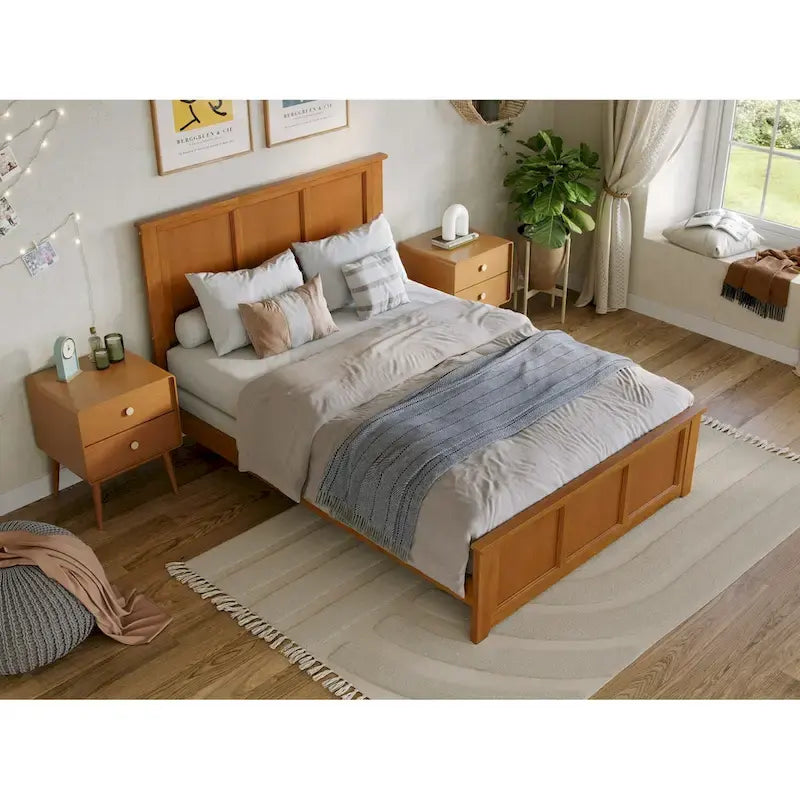 Lit plateforme en bois massif avec pied de lit, chargeur USB et lattes – 5 couleurs, 5 tailles
