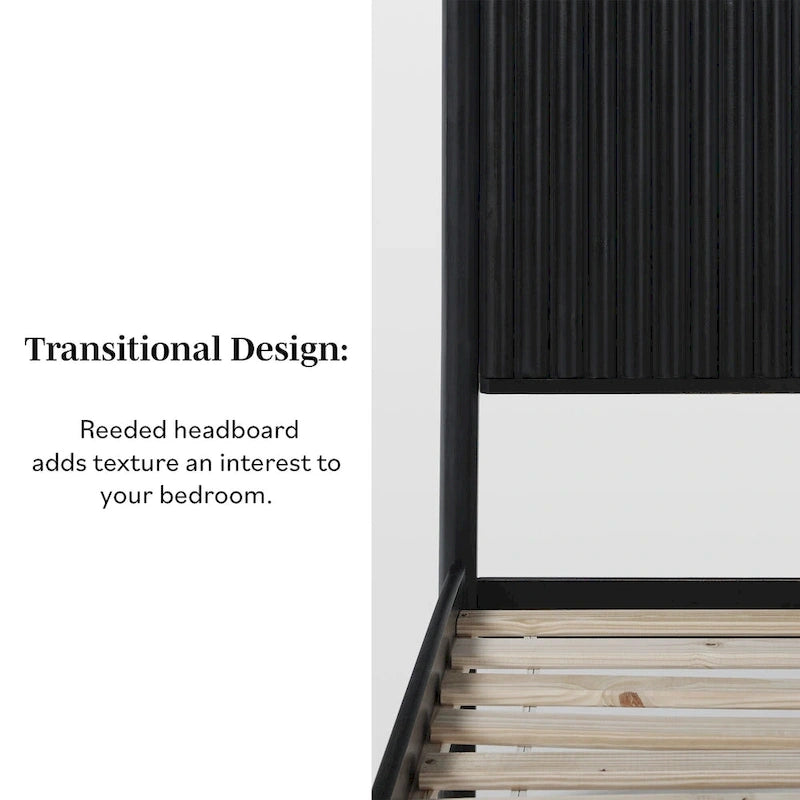 Lit plateforme King en pin massif de style transitoire avec tête de lit cannelée – Aucun sommier requis