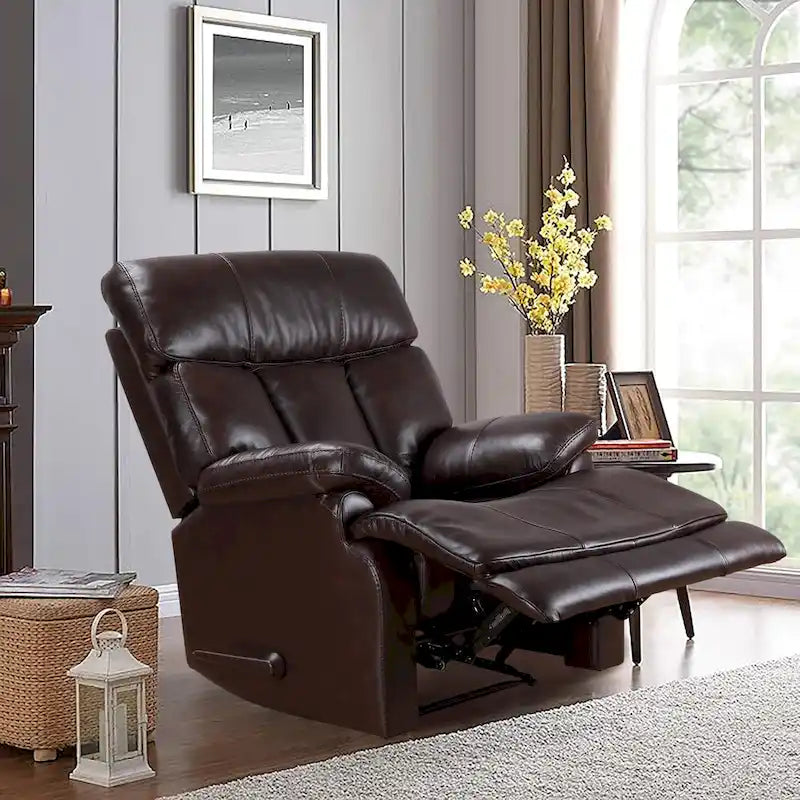 Fauteuil inclinable manuel en cuir pleine fleur véritable, marron, avec repose-pieds extensible