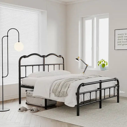 Cadre de lit anti-basculement robuste de 14 pouces avec tête de lit artistique ondulée, pas besoin de sommier tapissier