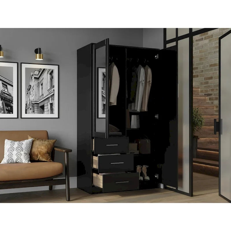 Armoire-penderie 100 % en bois massif style métro – Portes en bois massif ou portes miroirs, plusieurs finitions.