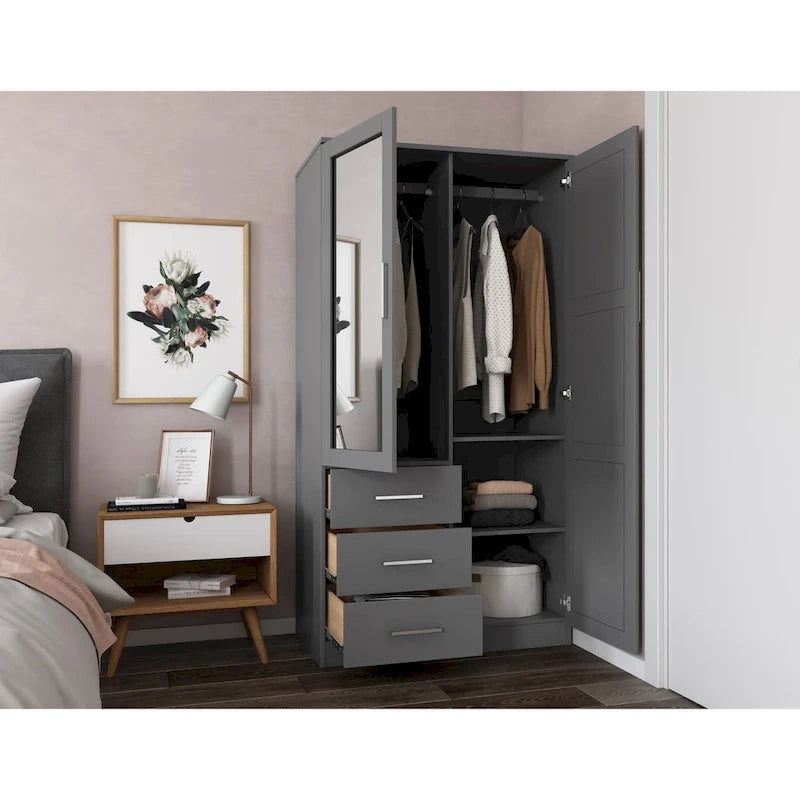 Armoire-penderie 100 % en bois massif style métro – Portes en bois massif ou portes miroirs, plusieurs finitions.