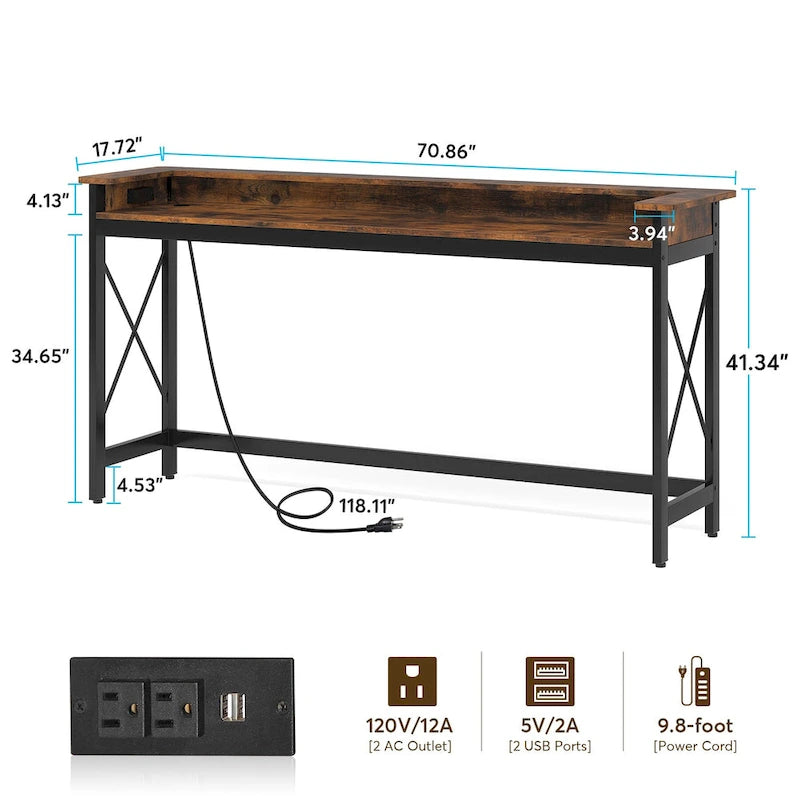 Canapé Table Console d'Entrée Longue de 70,9 pouces avec Prises et Ports USB