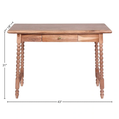 Bureau d'écriture en acacia, 1 tiroir, style Mid-Century – Pieds perlés, marron clair, 43"L x 18"P x 31"H