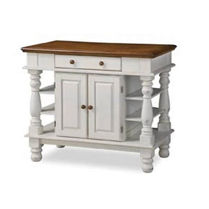 Îlot de cuisine de ferme blanc cassé avec rangement – Dessus en bois dur, quincaillerie en laiton antique