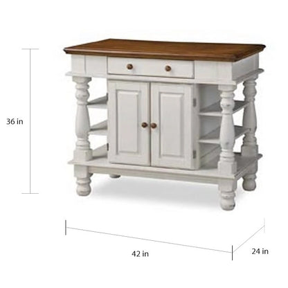 Îlot de cuisine de ferme blanc cassé avec rangement – Dessus en bois dur, quincaillerie en laiton antique