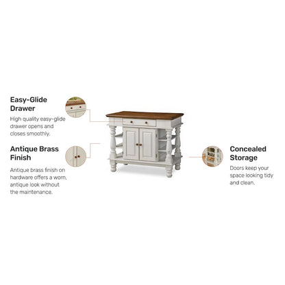 Îlot de cuisine de ferme blanc cassé avec rangement – Dessus en bois dur, quincaillerie en laiton antique