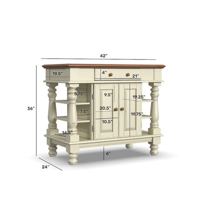 Îlot de cuisine de ferme blanc cassé avec rangement – Dessus en bois dur, quincaillerie en laiton antique