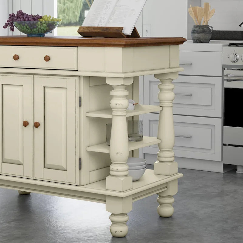 Îlot de cuisine de ferme blanc cassé avec rangement – Dessus en bois dur, quincaillerie en laiton antique