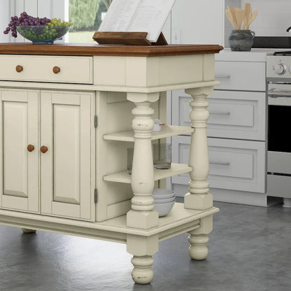 Îlot de cuisine de ferme blanc cassé avec rangement – Dessus en bois dur, quincaillerie en laiton antique