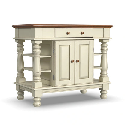 Îlot de cuisine de ferme blanc cassé avec rangement – Dessus en bois dur, quincaillerie en laiton antique