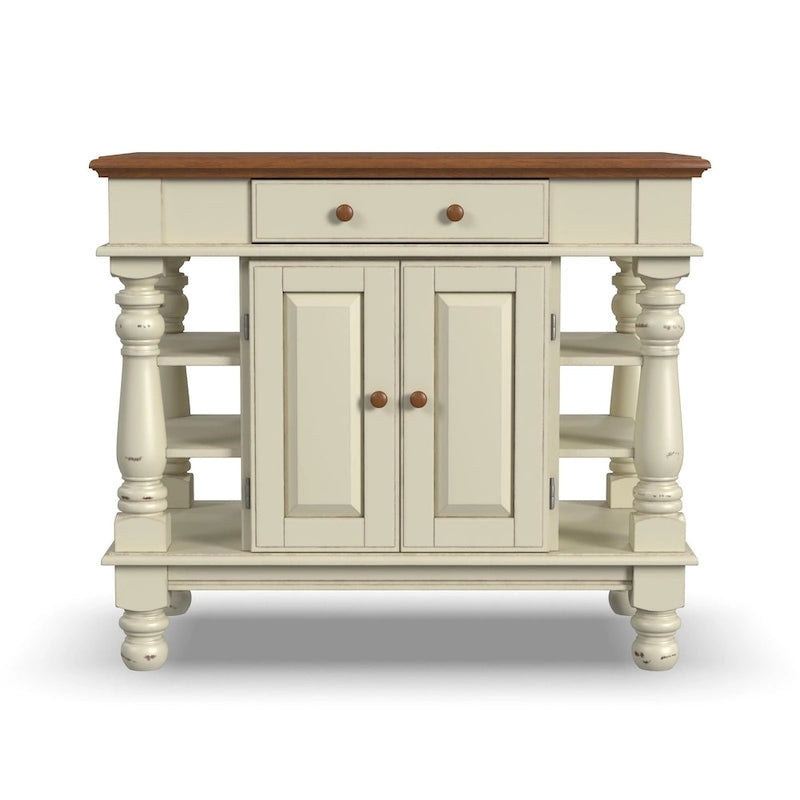 Îlot de cuisine de ferme blanc cassé avec rangement – Dessus en bois dur, quincaillerie en laiton antique