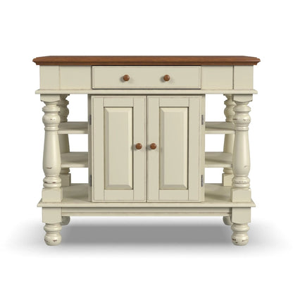 Îlot de cuisine de ferme blanc cassé avec rangement – Dessus en bois dur, quincaillerie en laiton antique