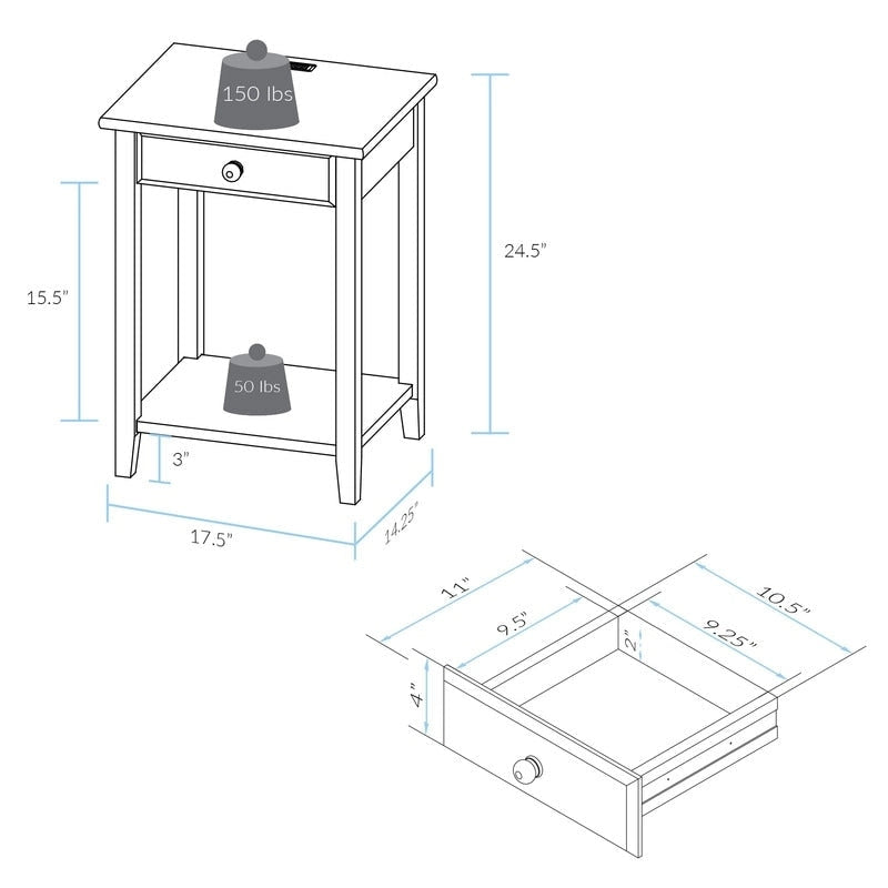Table de chevet en bois massif à 1 tiroir avec 4 ports de chargement USB – 3 finitions