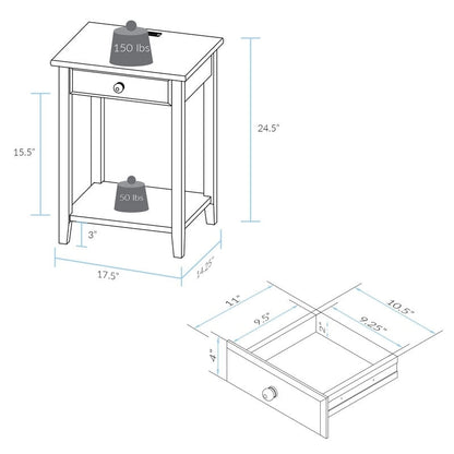 Table de chevet en bois massif à 1 tiroir avec 4 ports de chargement USB – 3 finitions