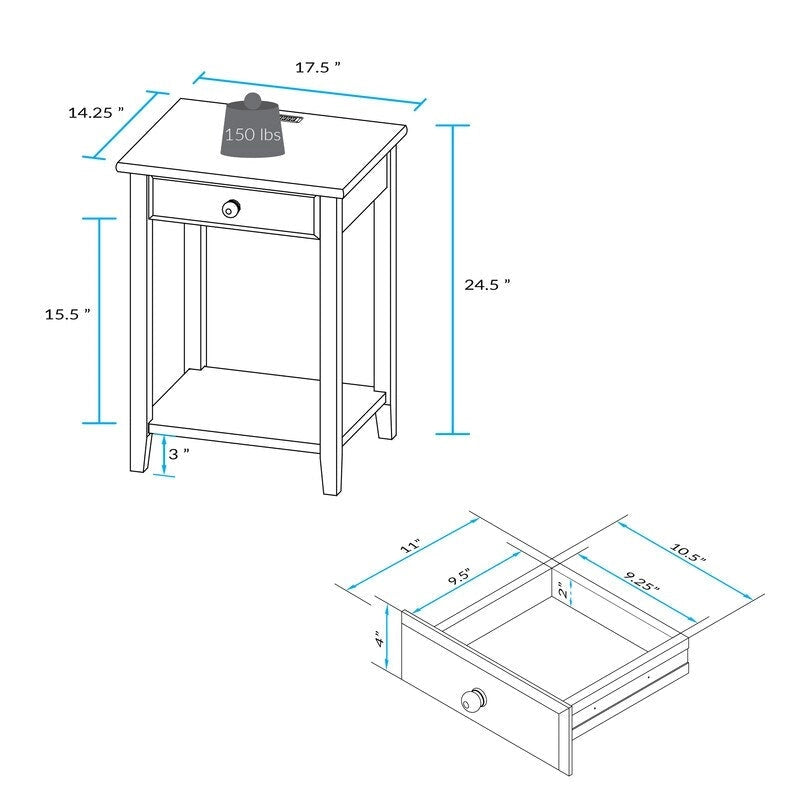 Table de chevet en bois massif à 1 tiroir avec 4 ports de chargement USB – 3 finitions
