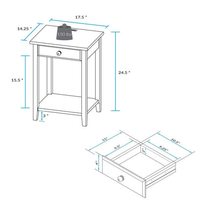 Table de chevet en bois massif à 1 tiroir avec 4 ports de chargement USB – 3 finitions