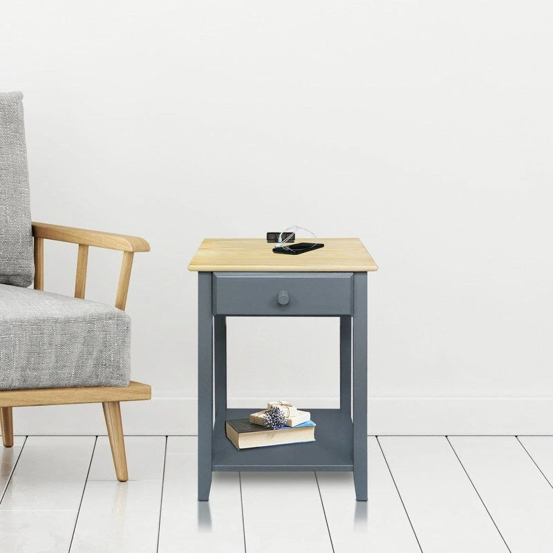 Table de chevet en bois massif à 1 tiroir avec 4 ports de chargement USB – 3 finitions