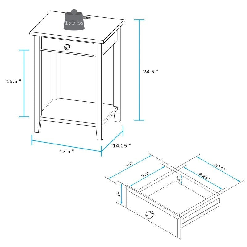 Table de chevet en bois massif à 1 tiroir avec 4 ports de chargement USB – 3 finitions
