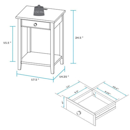 Table de chevet en bois massif à 1 tiroir avec 4 ports de chargement USB – 3 finitions