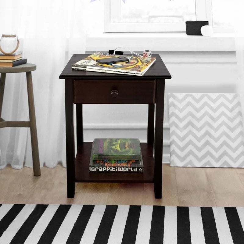 Table de chevet en bois massif à 1 tiroir avec 4 ports de chargement USB – 3 finitions