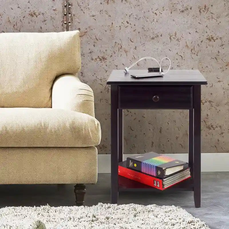 Table de chevet en bois massif à 1 tiroir avec 4 ports de chargement USB – 3 finitions