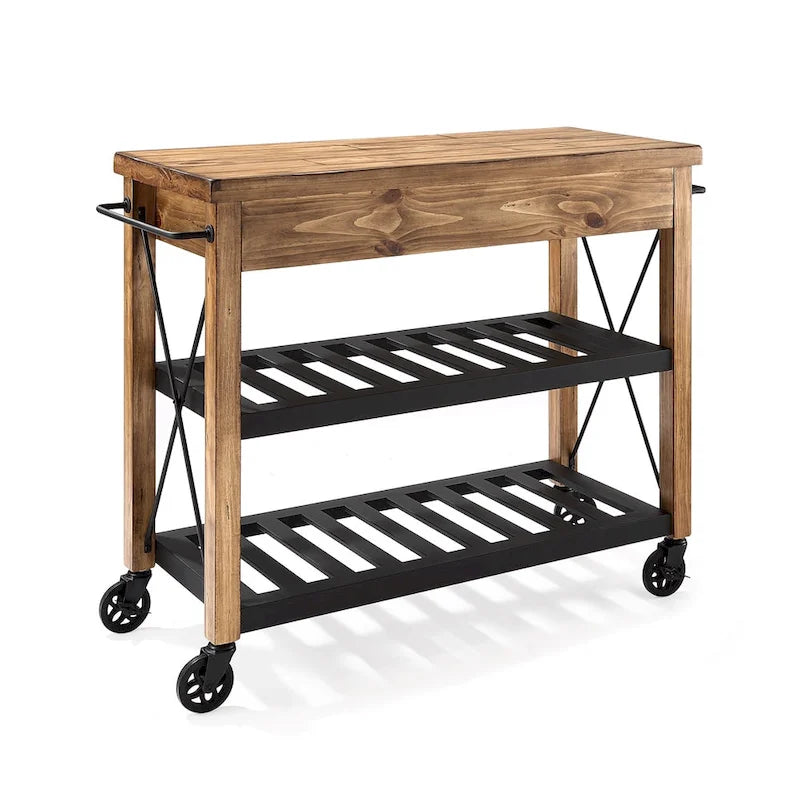 Dessertes de cuisine industrielles avec plateau en pin massif – 2 tiroirs, étagères métalliques, 106,7 cm (L) x 93,3 cm (H)