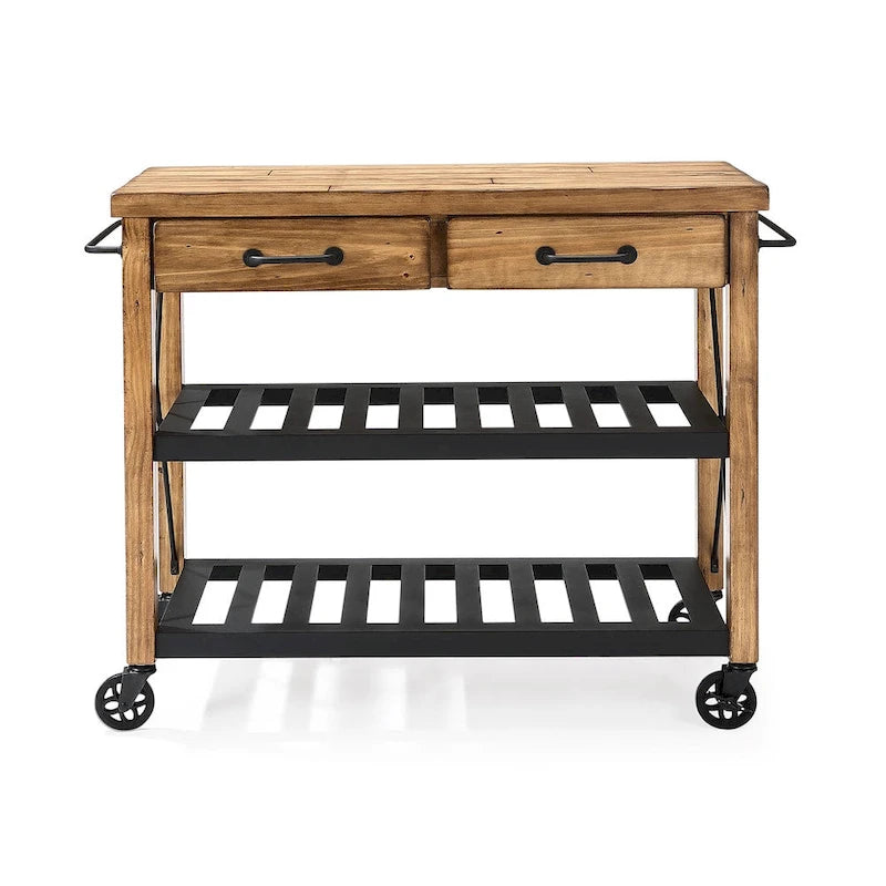 Dessertes de cuisine industrielles avec plateau en pin massif – 2 tiroirs, étagères métalliques, 106,7 cm (L) x 93,3 cm (H)