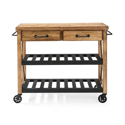 Dessertes de cuisine industrielles avec plateau en pin massif – 2 tiroirs, étagères métalliques, 106,7 cm (L) x 93,3 cm (H)