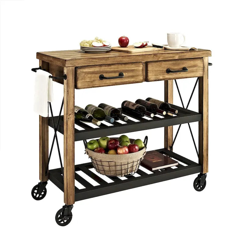 Dessertes de cuisine industrielles avec plateau en pin massif – 2 tiroirs, étagères métalliques, 106,7 cm (L) x 93,3 cm (H)