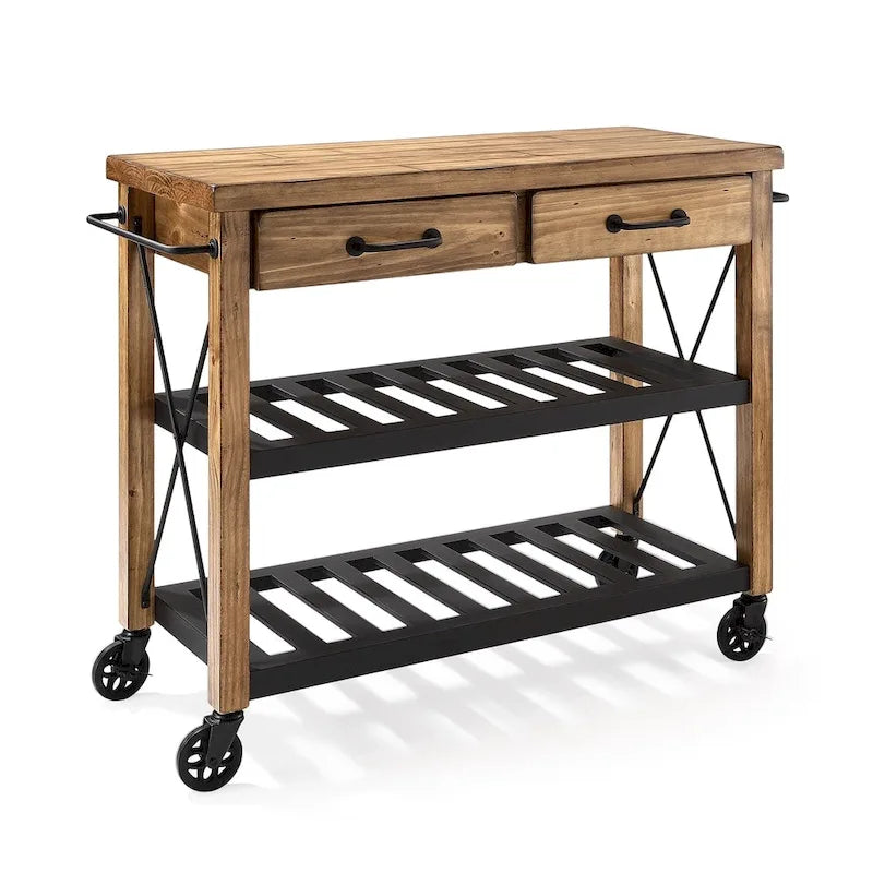 Dessertes de cuisine industrielles avec plateau en pin massif – 2 tiroirs, étagères métalliques, 106,7 cm (L) x 93,3 cm (H)