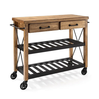 Dessertes de cuisine industrielles avec plateau en pin massif – 2 tiroirs, étagères métalliques, 106,7 cm (L) x 93,3 cm (H)