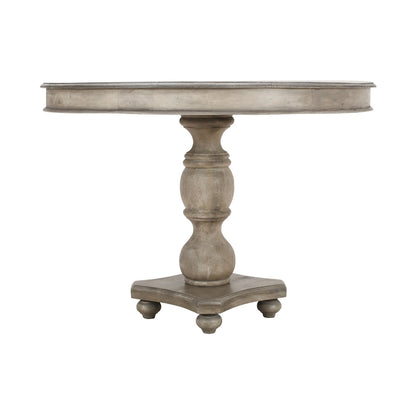 Table à manger 42 po, en bois de mangue fait à la main, piédestal, plateau moulé rond, blanc délavé, gris