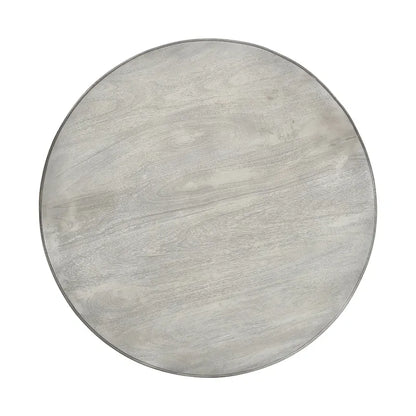 Table à manger 42 po, en bois de mangue fait à la main, piédestal, plateau moulé rond, blanc délavé, gris
