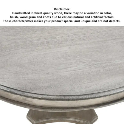 Table à manger 42 po, en bois de mangue fait à la main, piédestal, plateau moulé rond, blanc délavé, gris