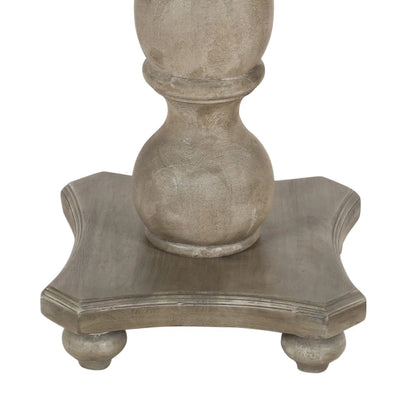 Table à manger 42 po, en bois de mangue fait à la main, piédestal, plateau moulé rond, blanc délavé, gris