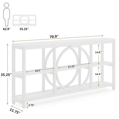 Table console de 70,9 pouces avec pieds en métal au design créatif, tables d'appoint étroites et longues à 3 niveaux pour entrée