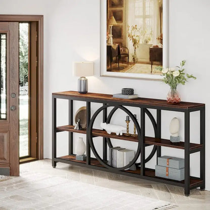 Table console de 70,9 pouces avec pieds en métal au design créatif, tables d'appoint étroites et longues à 3 niveaux pour entrée