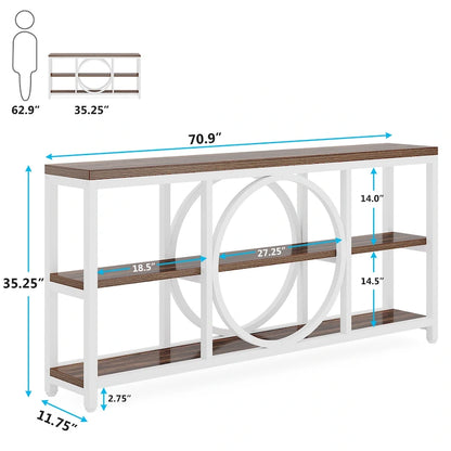 Table console de 70,9 pouces avec pieds en métal au design créatif, tables d'appoint étroites et longues à 3 niveaux pour entrée
