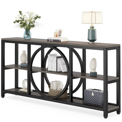 Table console de 70,9 pouces avec pieds en métal au design créatif, tables d'appoint étroites et longues à 3 niveaux pour entrée