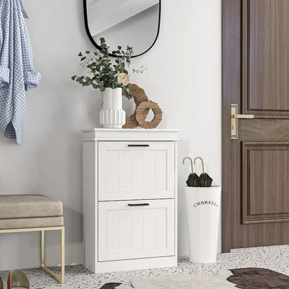 Meuble à chaussures pour entrée, étagère à chaussures étroite de rangement avec 2 tiroirs à abattant et étagères réglables